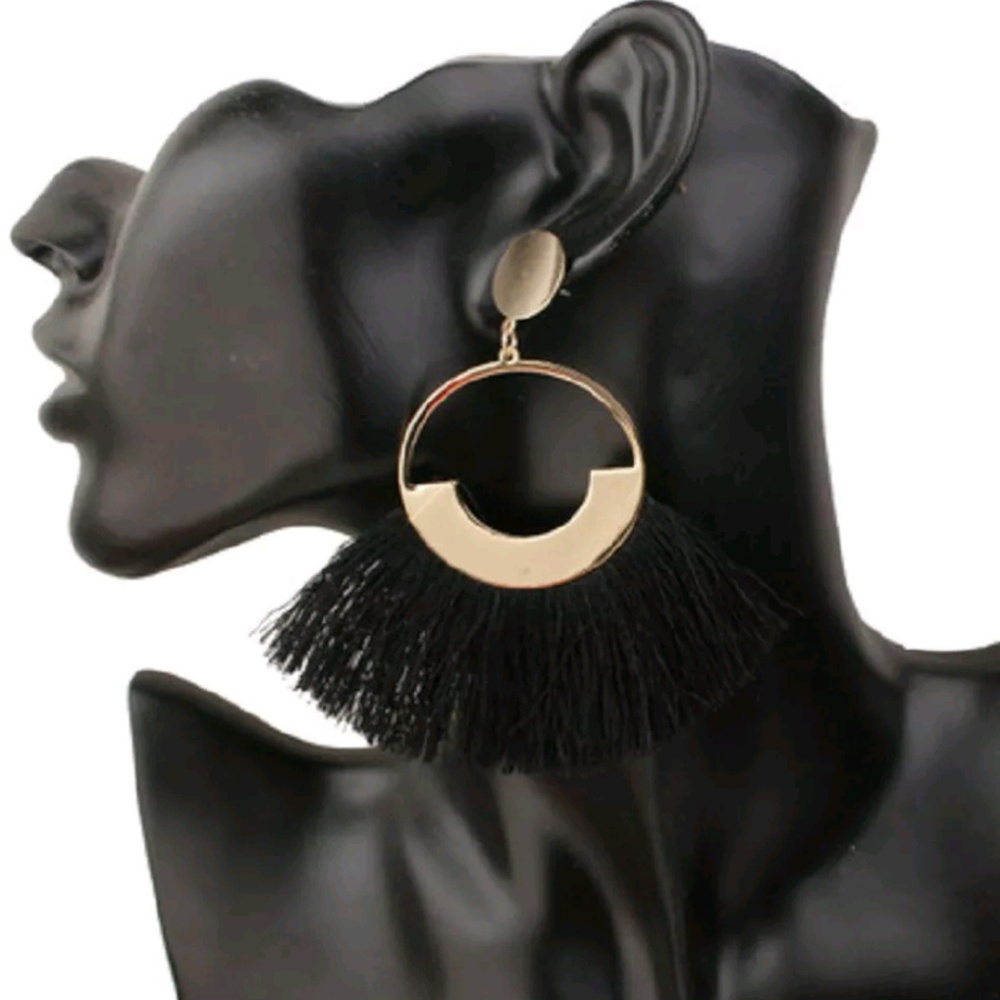 BOHO Gold Toned Black Tassel Earrings   